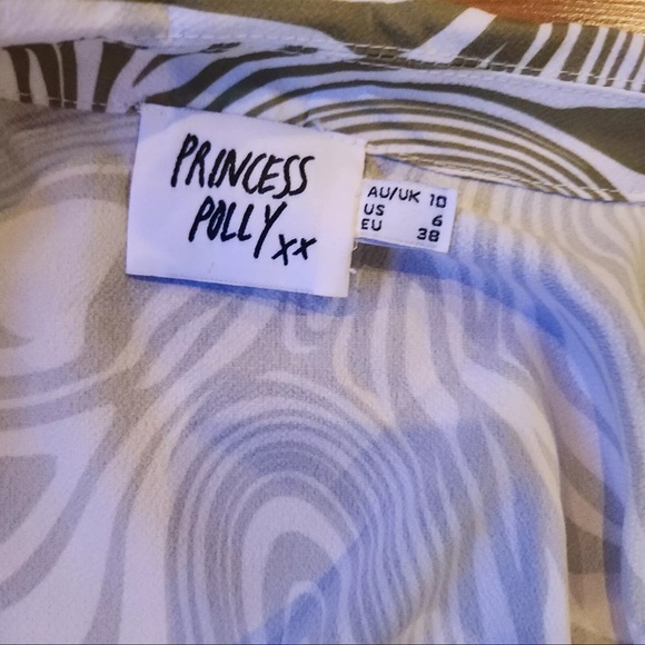 Princess Polly Retro Green White Boho Print Front Tie Long Sleeve Mini Dress - Picture 4 of 8